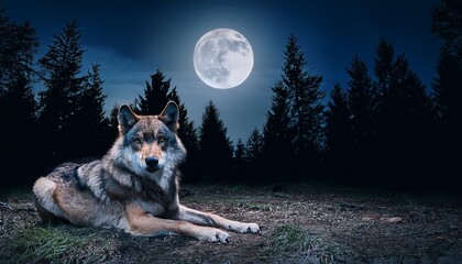 majestic wolf resting under a full moon in a dark mysterious forest at night