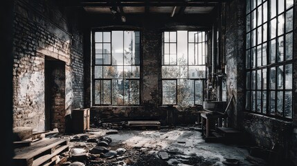 Abandoned Warehouse Interior With Large Windows And Debris