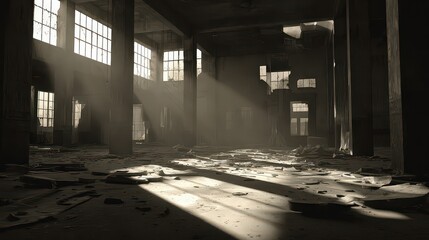Fototapeta premium Abandoned Warehouse Interior With Sunlight Beams