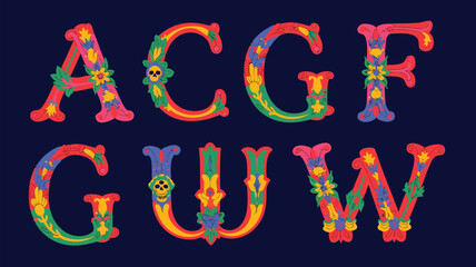 Ornate Floral Letters with Skulls on Dark Blue A, C, G, F, U, W Alphabet