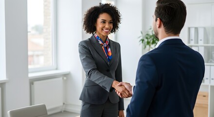 Successful Business Handshake: Confident African American Woman and Businessman Closing a Deal in Modern Office
