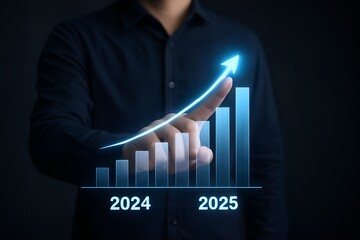 Man pointing at a digital graph showing business growth from 2024 to 2025 on a futuristic interface