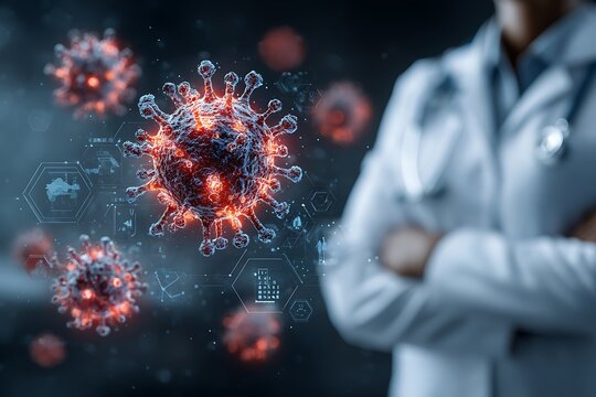 Doctor observing 3D rendered coronavirus particles with digital interface
