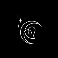 Crescent moon line art logo with heart and shining stars shape