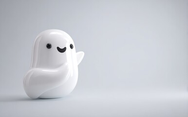 Cartoon ghost with friendly wave, on a minimalist, pastel background