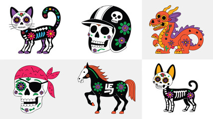 Whimsical Día de Muertos Illustrations Sugar Skull Cat, Dragon, Horse, Dog, and Pirate