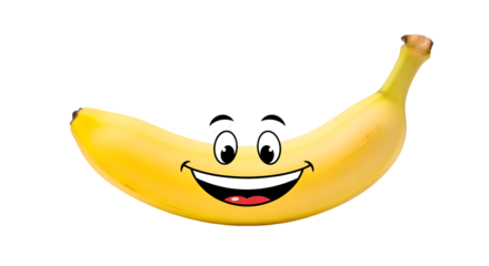 Banana Character Smiles Brightly on Transparent Background, Showcasing Fruit and Cartoon Elements