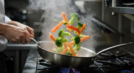 Chef Tossing Sautéed Vegetables in a Stainless Steel Pan with Steam in a Commercial Kitchen
