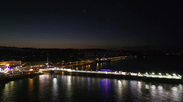 Fireworks over Paignton Pier and Beach from a drone, Paignton, Devon, England, Europe