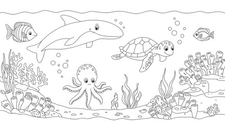 Underwater Coloring Page Delightful Dolphins Turtles and Octopus.