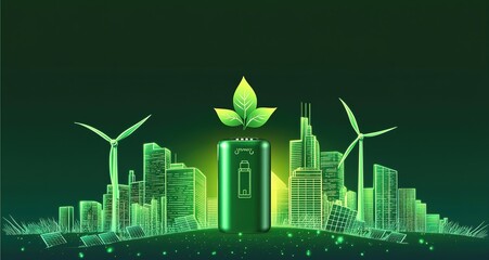 Vibrant green cityscape with wind turbines, solar panels, and energy charging station icon, symbolizing sustainable technology and environmental consciousness, soft light and glowing lines on dark bac