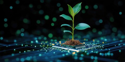 Tiny Plant Growing on Electronic Chip for Sustainable Technology Evolution, Eco Digital Innovation with Green Bokeh Background, Symbolizing Nature-Friendly Tech Future
