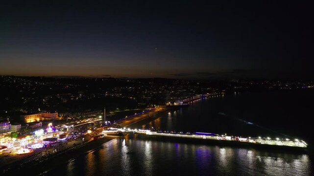 Fireworks over Paignton Pier and Beach from a drone, Paignton, Devon, England, Europe