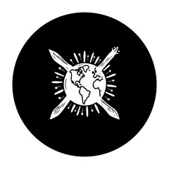 Black background world globe surrounded by crossed swords and sunburst icon symbolizing global conflict and hope