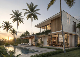 Modern luxury villa with infinity pool and palm trees at sunset isolated on white background