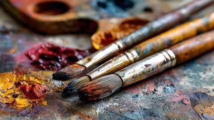 Fototapeta premium Close Up Of Paintbrushes On Artist Palette