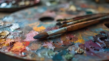 Naklejka premium Closeup Artist Palette With Paintbrushes And Mixed Colors