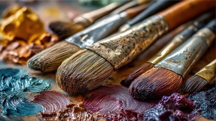 Closeup Artist Palette With Paintbrushes And Colors