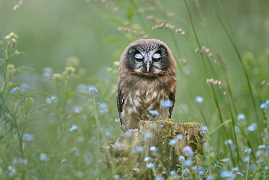 Boreal owl falling asleep on a tree stump