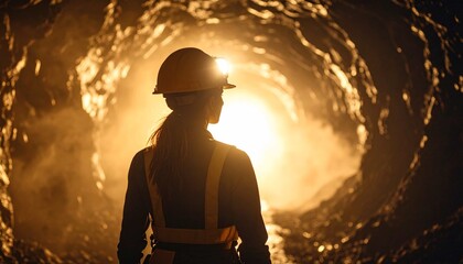 A miner stands in a dark mine shaft, illuminated by the bright light from his helmet lamp and the golden reflections on the rough tunnel walls. The miner's silhouette stands out.,silhouette of a man