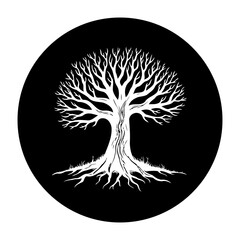 Magnificent isolated tree silhouette on contrasting black background displaying roots spreading out symbolizing strength and growth resilience