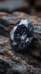 Grey oval diamond with intricate facets on textured rock surface