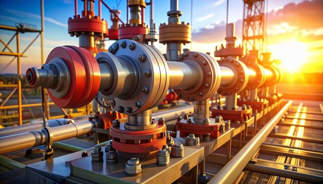Dynamic close-up view of an oil or natural gas wellhead with various complex industrial pipes and valves, under a clear twilight sky. Showcasing the energy infrastructure ,oil industry equipment