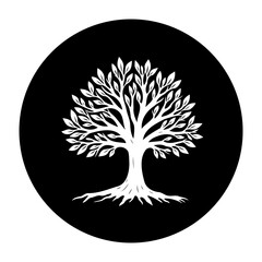 Elegant white tree silhouette against a black circle background providing a visually appealing contrast enhancing logo design