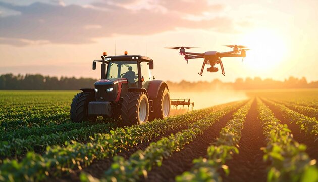 This image showcases a harmonious blend of modern farming and futuristic technology, with a state-of-the-art tractor plowing a vast expanse of farmland as the sun sets.  Above it, a,tractor in field
