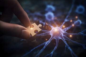 A hand is placing a puzzle piece next to a glowing neuron, symbolizing the connection between knowledge and brain function.