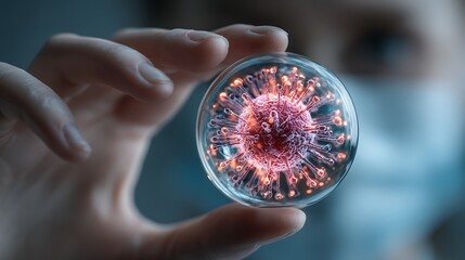 Hand holding spherical vial with glowing virus coronavirus