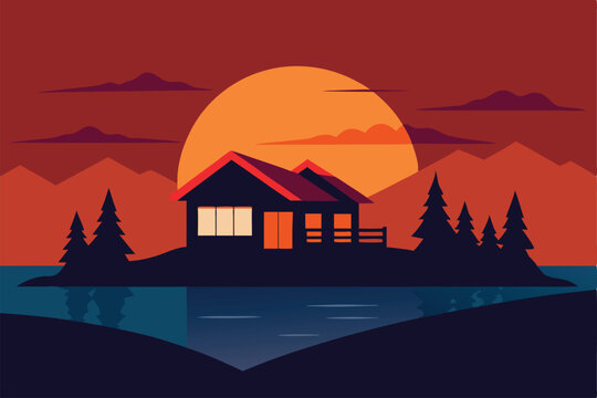 sunset view of a house by the lake vector for emot (1).eps