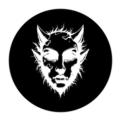 Monochromatic mythical beast face logo in black circle conveying mystery, power, and fantasy allure and enchantment