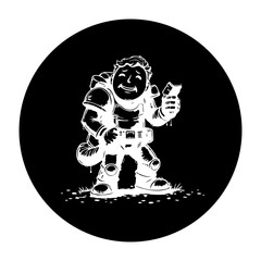Astronaut cartoon illustration displaying futuristic space technology in monochrome with a smiling astronaut using a device