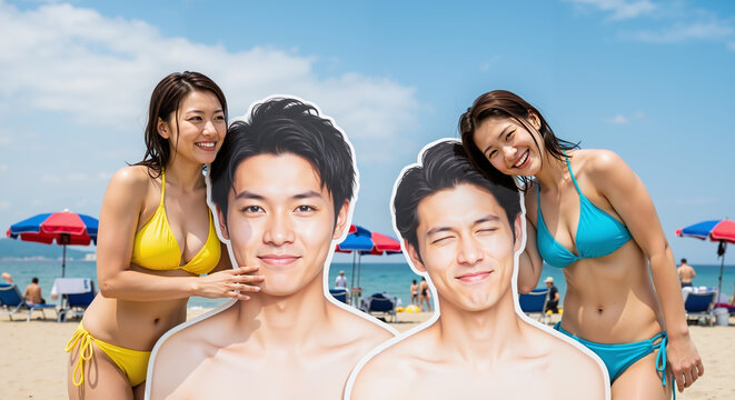Two Japanese women in bikini's playfully hold larger than life-sized cardboard cutout posters of their male idols they wish were with them on the summer beach.