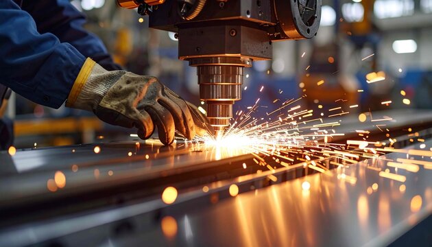 This image captures the essence of precision and innovation in modern manufacturing, showing the process of cutting or welding metal with intense sparks.  It represents advanced technol,welder at work