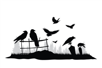 Happy Halloween. Silhouette vector illustration of a crow. Creepy Halloween Ravens on Graveyard Silhouette
