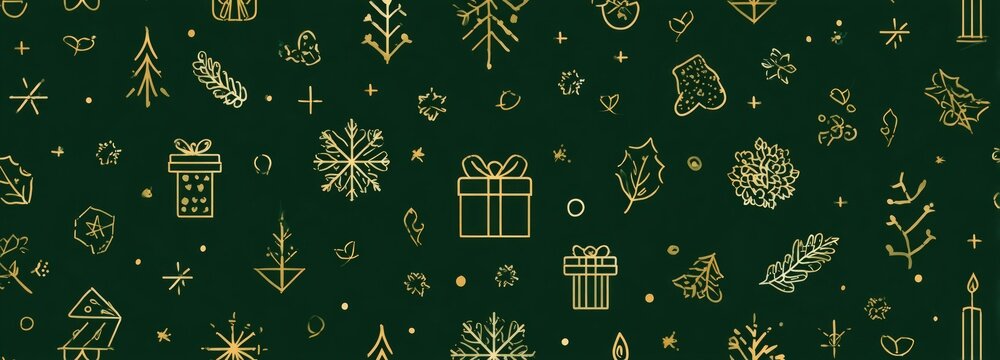Festive green background, with gold line art Christmas icons