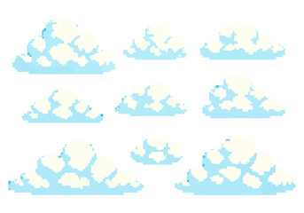 Pixel Style Cloud Icon Set, Isolated Background. Pixel Clouds for Game Background and Retro Design