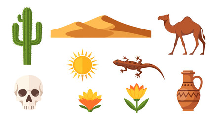 Illustration showing a desert landscape with a camel, cactus, skull, and other desert elements