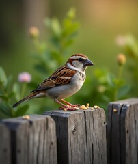 Small Sparrow Eating Seeds on Wooden Fence Post in Garden