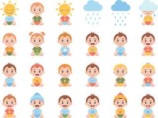 Collection of babies in different outfits and weather icons