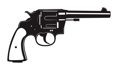 Silhouette of a revolver pistol, a handgun, against a white background.