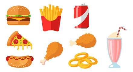 Illustration showcasing various fast food items including a burger fries pizza and a milkshake drink