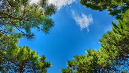 lush pine branches reach towards a vibrant blue sky clear sky is framed by the green foliage of pine trees lush green trees framing a vibrant blue sky with a few wisps of clouds