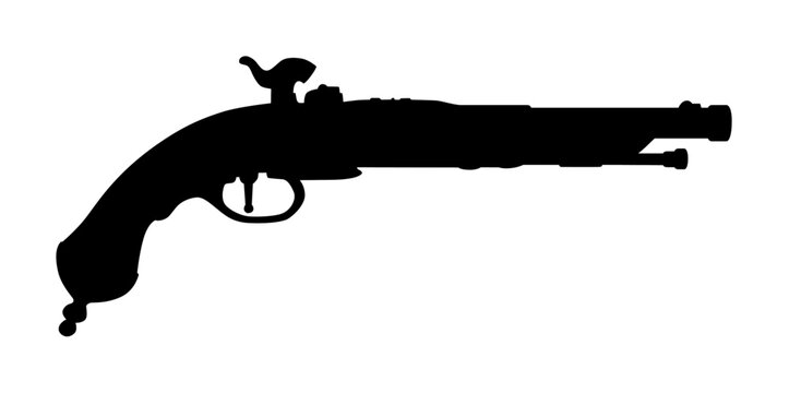 Silhouette of a revolver pistol, a handgun, against a white background. - Powered by Adobe