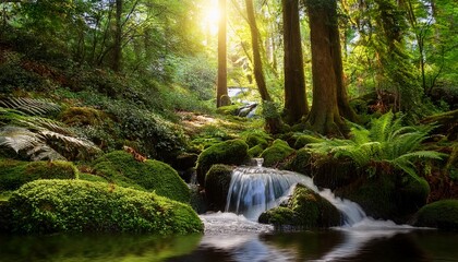 Fototapeta premium a tranquil forest scene with a small waterfall lush green moss ferns and soft sunlight filtering through tall trees