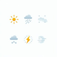 Obraz premium A collection of modern weather forecast icons. A set of symbols for meteorology including sun, cloud, rain, snow, and storm.