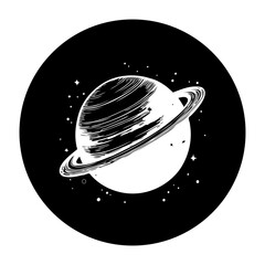 A captivating black and white drawing of saturn with its prominent rings amidst a starfield in space art © Rahma