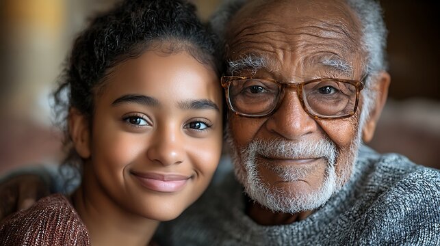 Portrait of young girl and elderly man hugging
. Generational bond and caregiving love. Happy young girl with senior man in close embrace. Family care and support. National Caregivers Day concept - Powered by Adobe